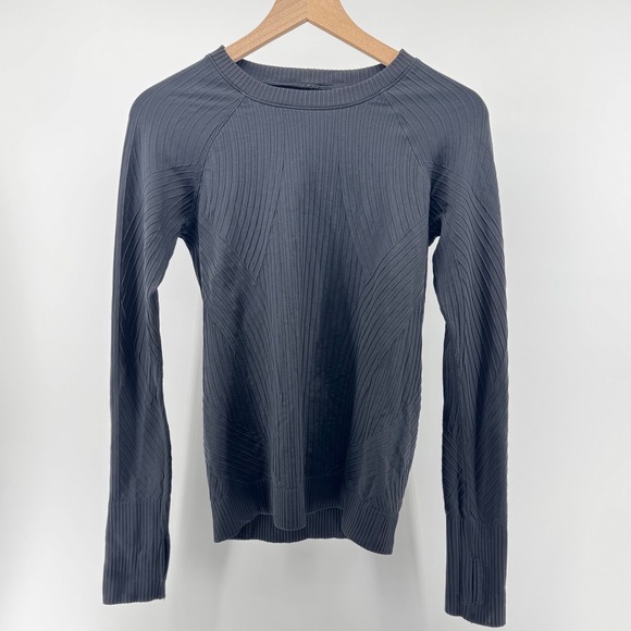 Lululemon Rest Less Pullover Women Size 8 Black Ribbed Seamless Thumbholes Top - Picture 2 of 9